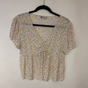 Babydoll Ditsy Peach  Floral Bohemian Cropped Ruched Bodice Womens SZ L